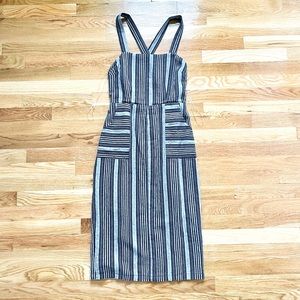 EMORY PARK Blue Linen Suspender Midi Dress with Pockets